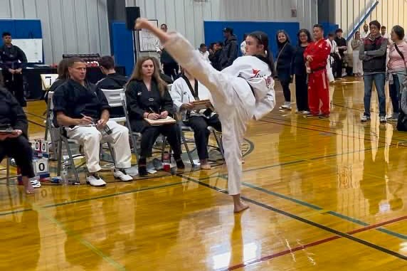 Competitor performing a high kick in a Korean form