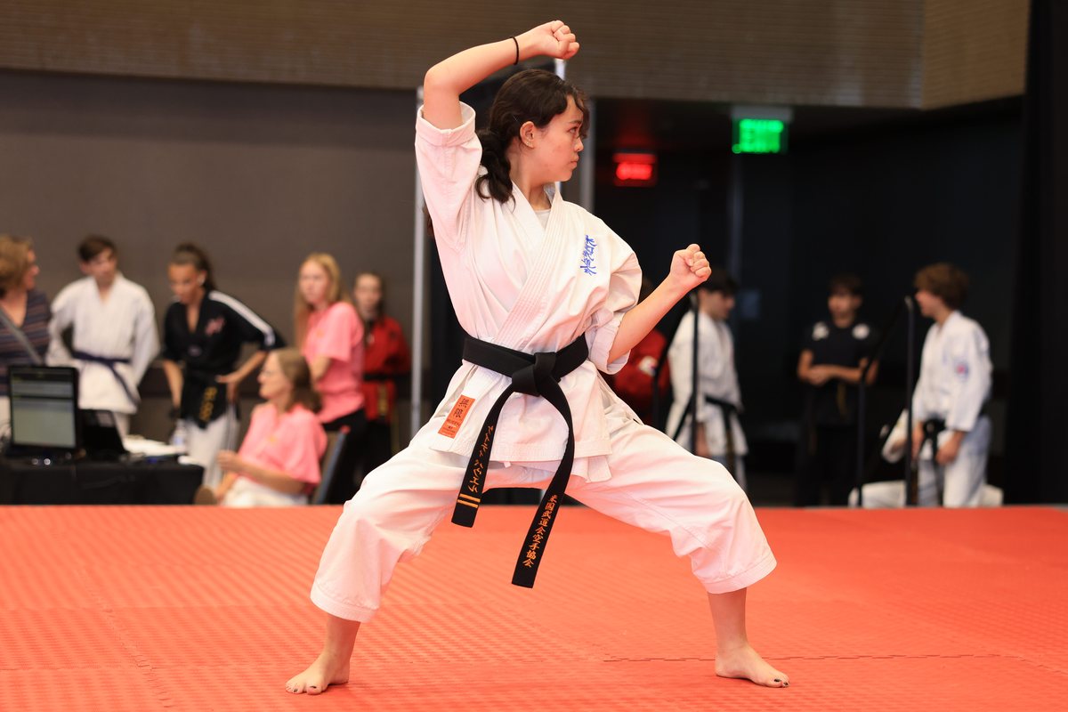 Competitor in a deep stance performing a Japanese kata